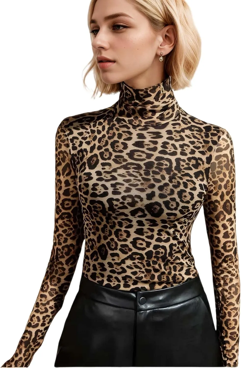 Women's Sexy Autumn Slim Fitting Long Sleeved Turtleneck Pullover Bottom Shirt Mesh Lace Perspectives T-Shirt Top.