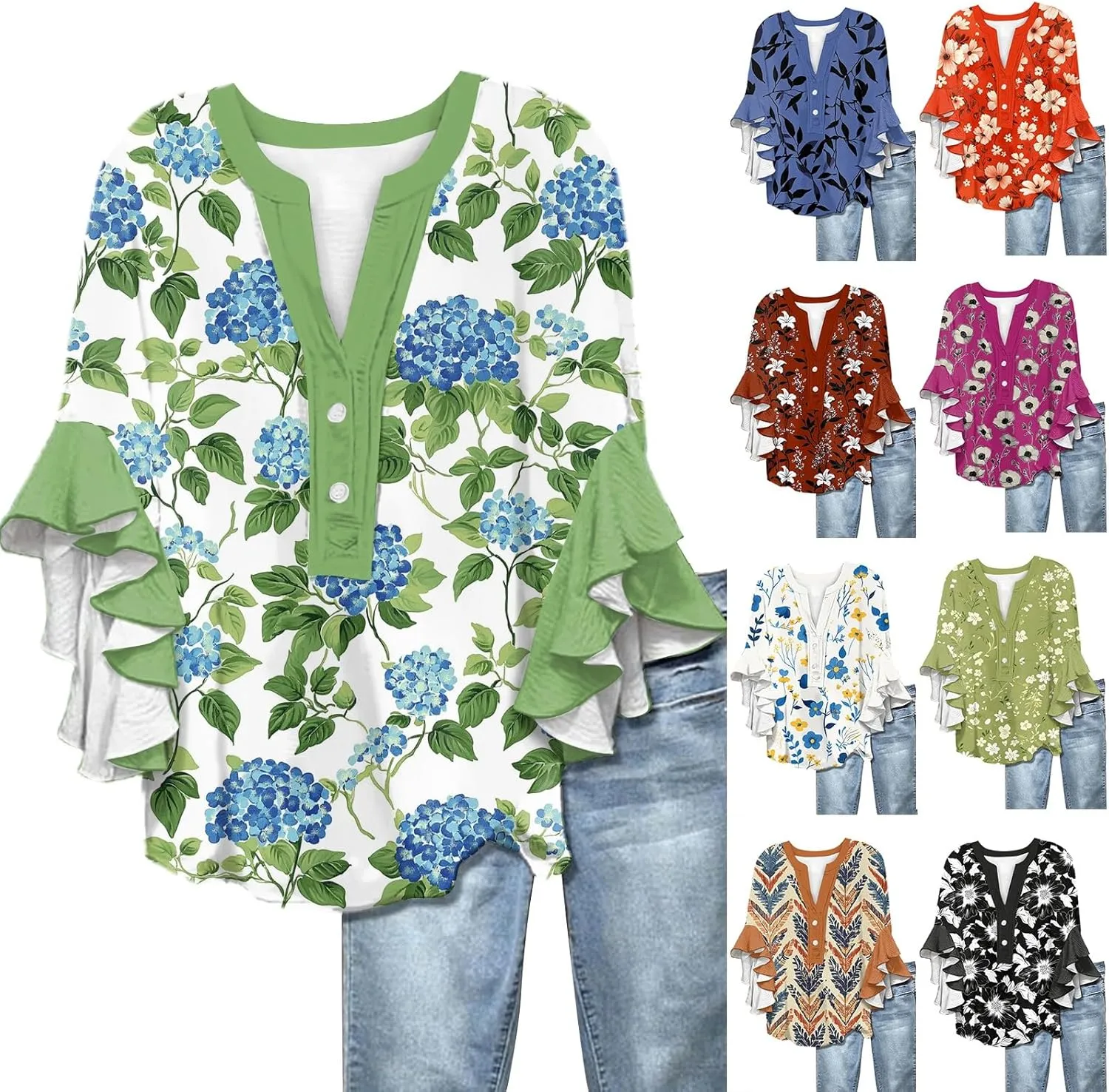 Womens Summer Tops 3/4 Length Sleeve Shirts for Women Plus Size Ruffle Sleeve V Neck Button Down Floral Tunic Tops