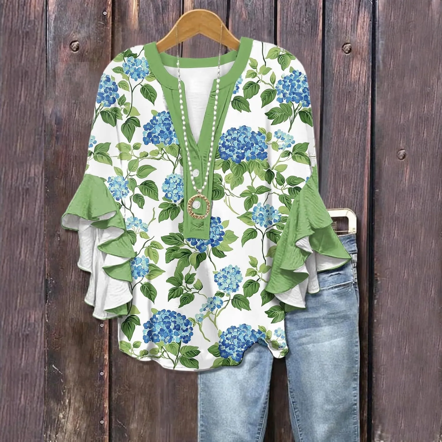 Womens Summer Tops 3/4 Length Sleeve Shirts for Women Plus Size Ruffle Sleeve V Neck Button Down Floral Tunic Tops
