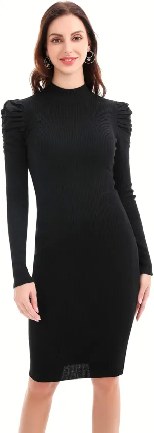 Womens Sweater Dresses Ribbed Puff Sleeve Midi Dress Winter Mock Neck