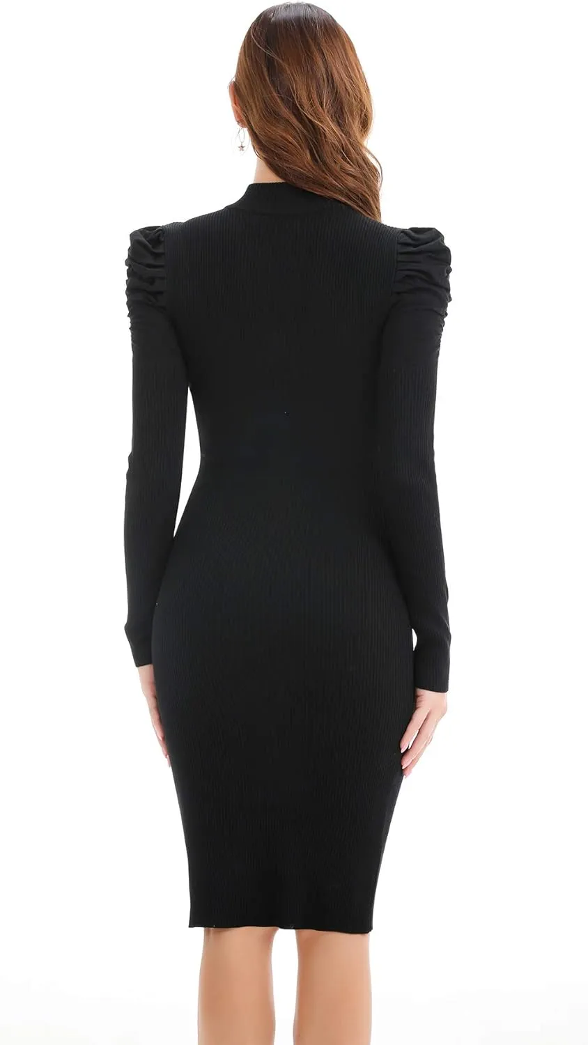 Womens Sweater Dresses Ribbed Puff Sleeve Midi Dress Winter Mock Neck