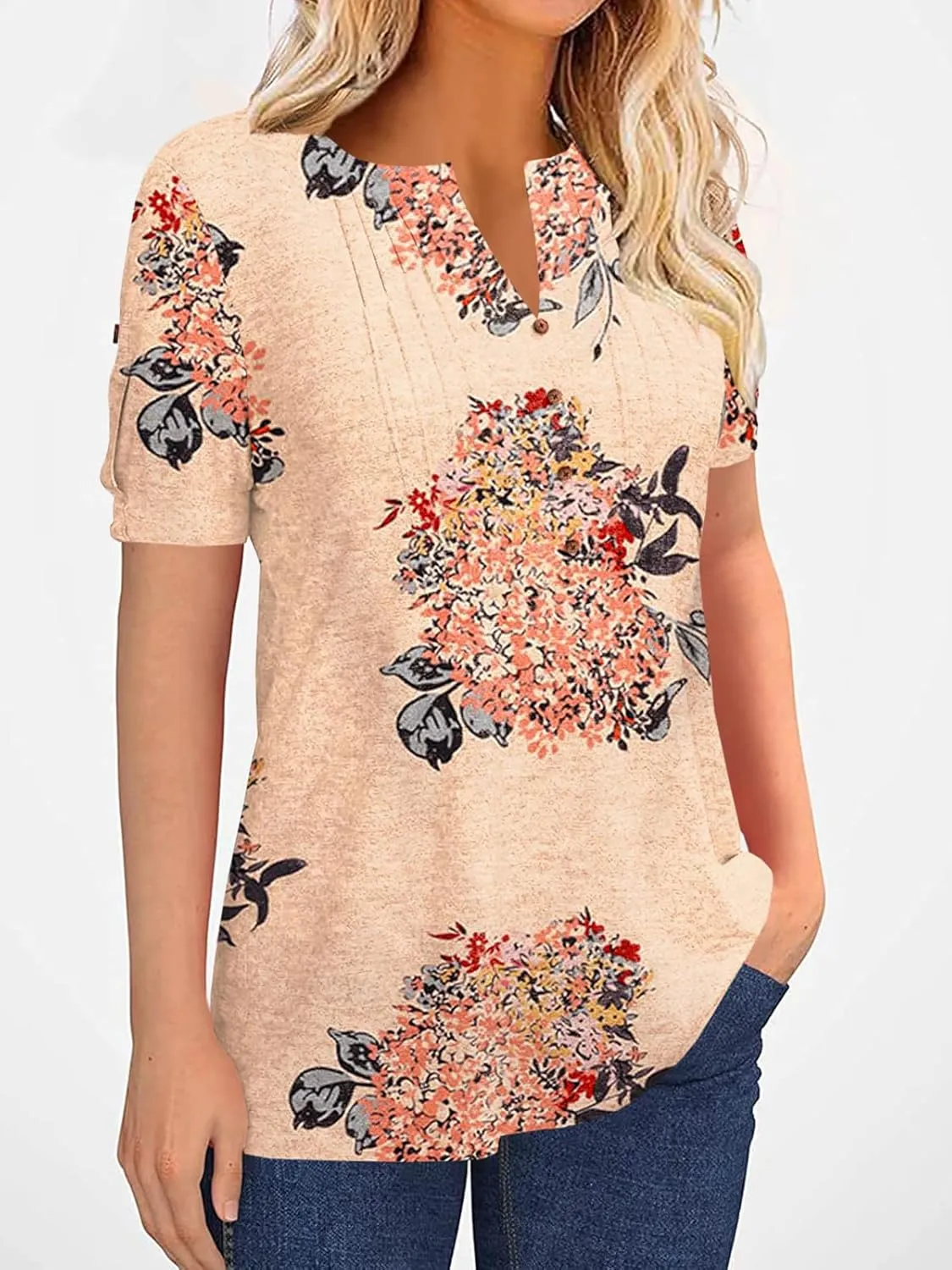 Women's Zipper Summer Pleated Button Short Sleeve T-Shirt Summer V-Neck Solid Color Casual top