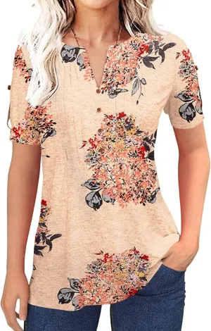 Women's Zipper Summer Pleated Button Short Sleeve T-Shirt Summer V-Neck Solid Color Casual top