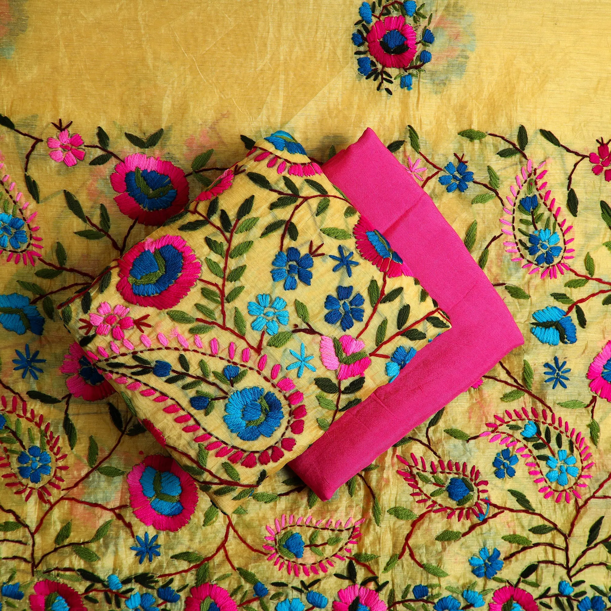 Yellow - 3pc Hand Embroidery Chanderi Silk Phulkari Dress Material 73