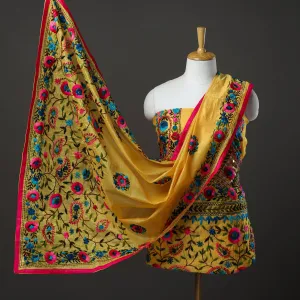 Yellow - 3pc Hand Embroidery Chanderi Silk Phulkari Dress Material 73