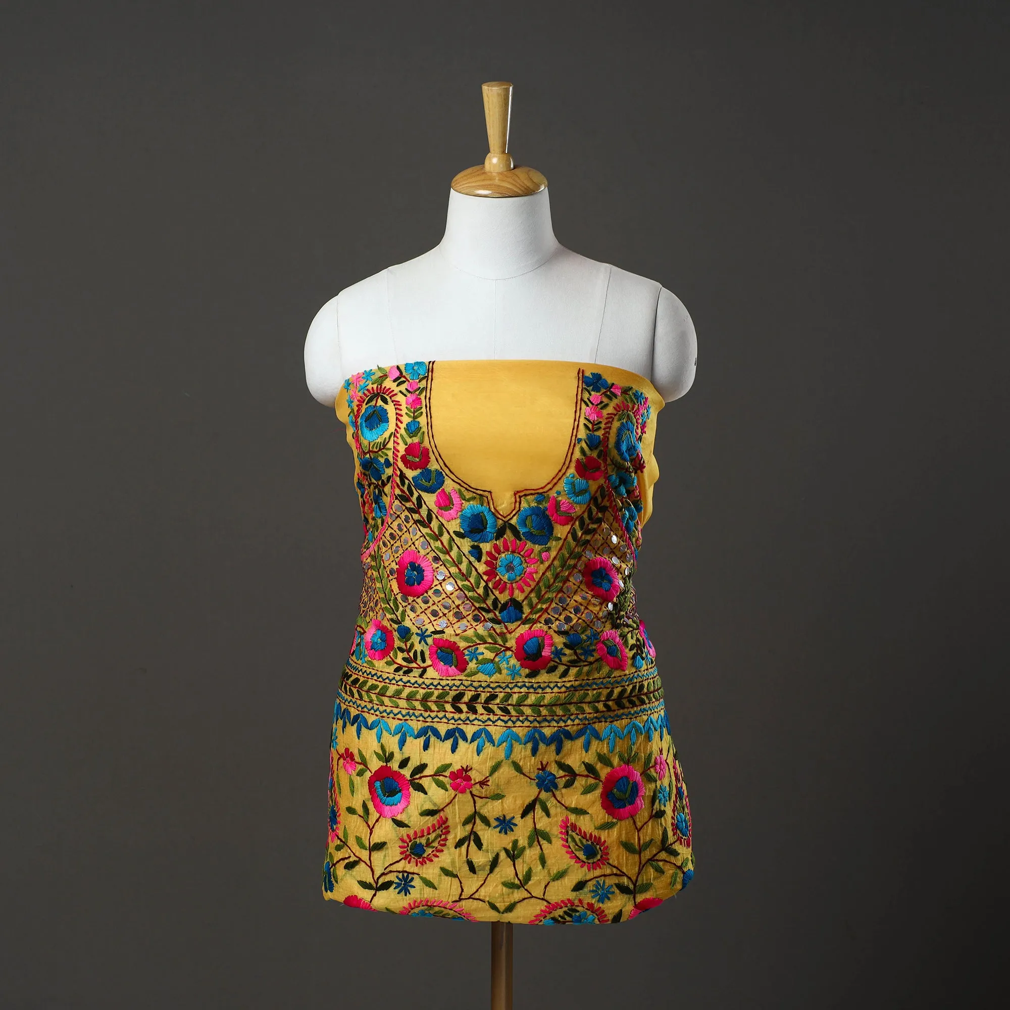 Yellow - 3pc Hand Embroidery Chanderi Silk Phulkari Dress Material 73