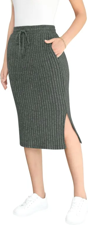 Yincro Women's High Waisted Fall Winter Midi Skirt with Pockets