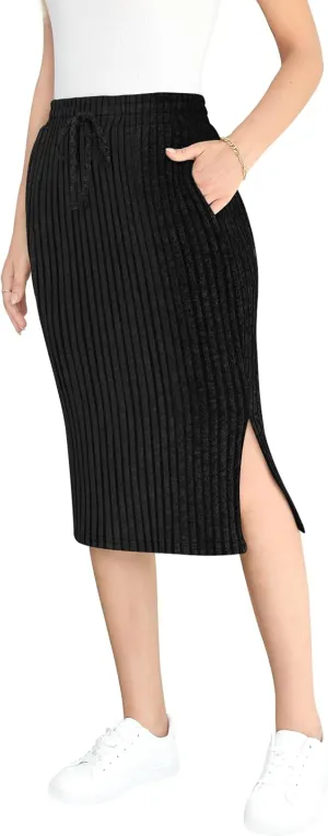 Yincro Women's High Waisted Fall Winter Midi Skirt with Pockets