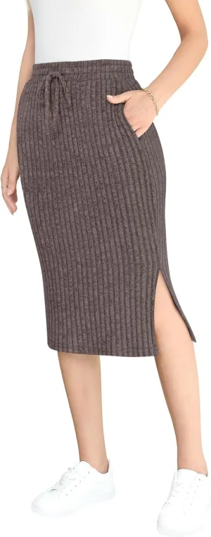 Yincro Women's High Waisted Fall Winter Midi Skirt with Pockets