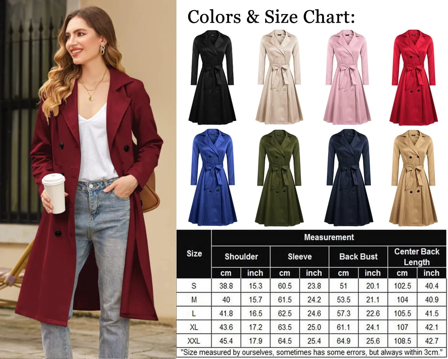 Zeagoo Women's Trench Coats Double-Breasted Long Coat with Belt